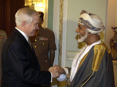 Omani Sultan Qaboos bin Sa&#039;id welcomes U.S. Defense Secretary Robert M. Gates at the Bait Al-Barakah Palace outside Muscat, Oman, April 5, 2008.