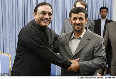 Pakistani President Asif Ali Zardari greets Iranian President Mahmoud Ahmadinejad; photo by Alireza Sotakbar, courtesy of ISNA