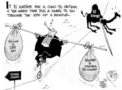 High-Wire CEO, an OtherWords cartoon by Khalil Bendib.