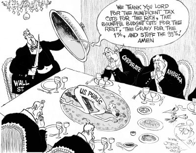 Thanksgiving on Wall Street, an OtherWords cartoon by Khalil Bendib.