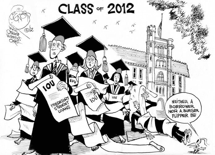 Graduating into Debt, an OtherWords cartoon by Khalil Bendib.