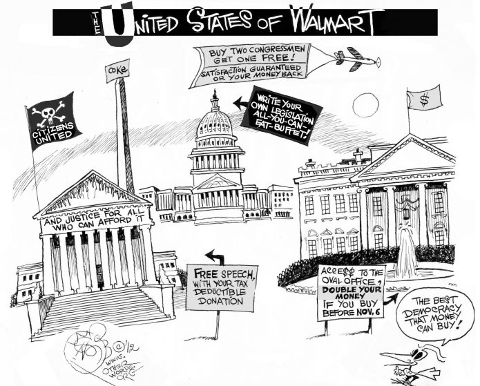 The United States of Walmart, an OtherWords cartoon by Khalil Bendib