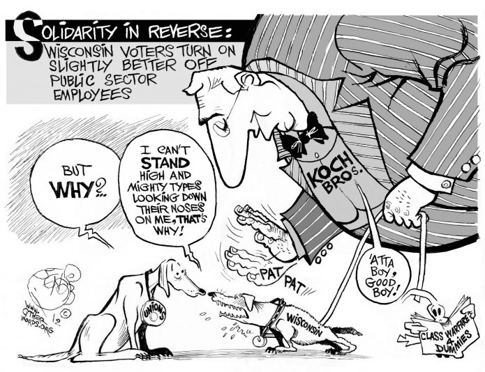 Solidarity in Reverse, an OtherWords cartoon by Khalil Bendib