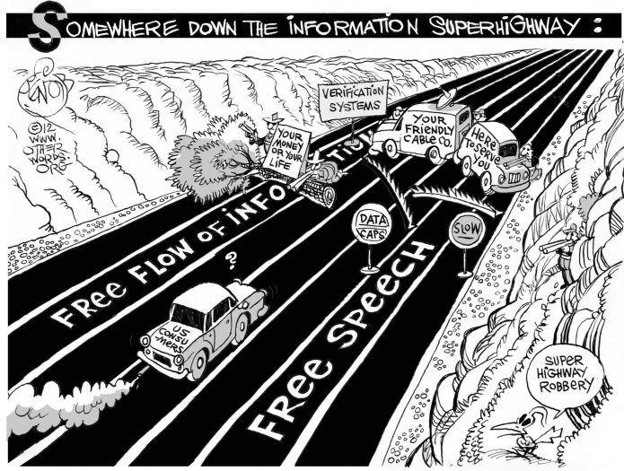 Super Highway Robbery, an OtherWords cartoon by Khalil Bendib