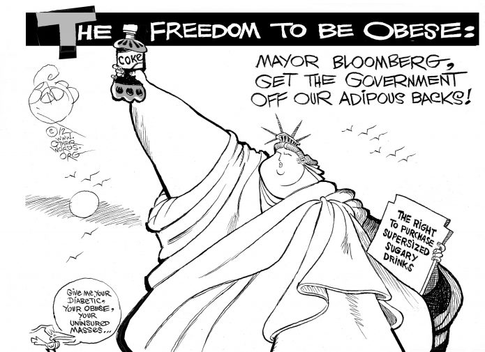 Supersized Liberty, an OtherWords cartoon by Khalil Bendib