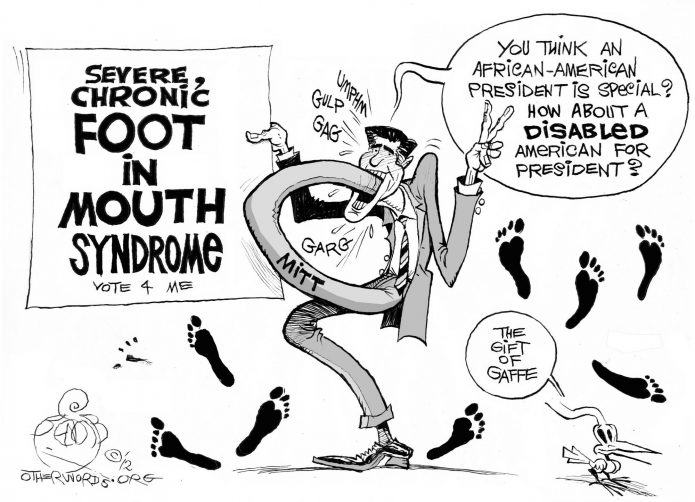 Mitt Romney&#039;s Gift of Gaffe, an OtherWords cartoon by Khalil Bendib