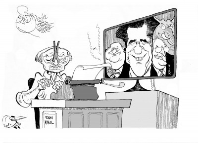 Donald Kaul Signs Off, an OtherWords cartoon by Khalil Bendib