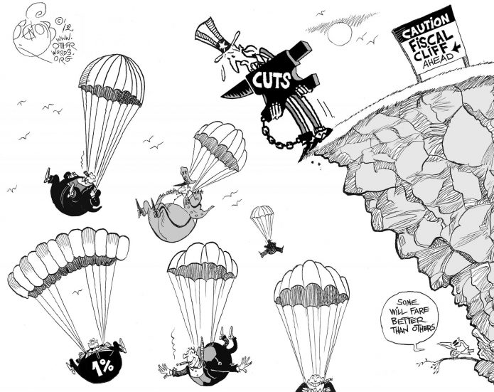 Caution, Fiscal Cliff Ahead, an OtherWords cartoon by Khalil Bendib