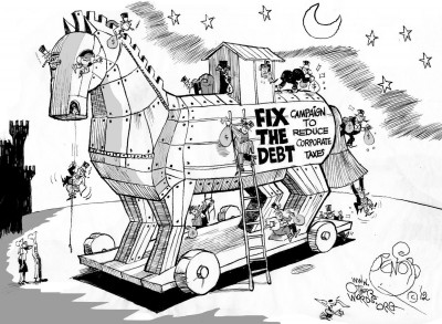 The Fix the Debt Racket, an OtherWords cartoon by Khalil Bendib