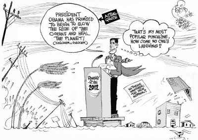 Sandy Trumps Romney&#039;s Climate Joke, an OtherWords cartoon by Khalil Bendib