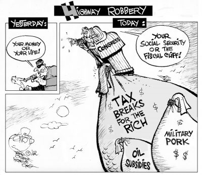 Highway Robbery, an OtherWords cartoon by Khalil Bendib