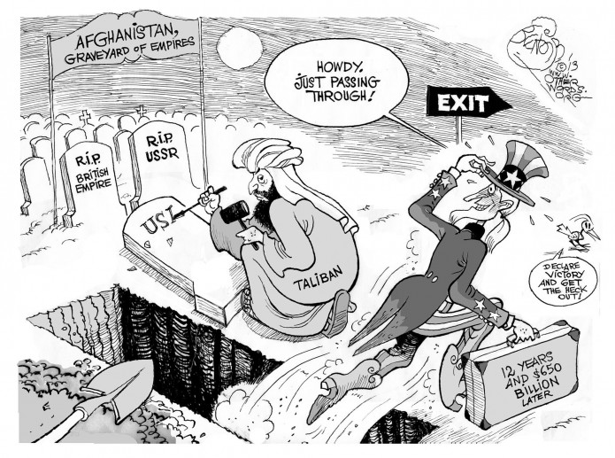 Declaring Victory in Afghanistan, an OtherWords cartoon by Khalil Bendib