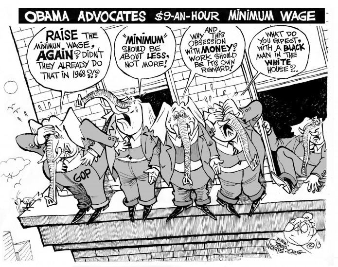 Minimum Wage, Maximum Drama, an OtherWords cartoon by Khalil Bendib