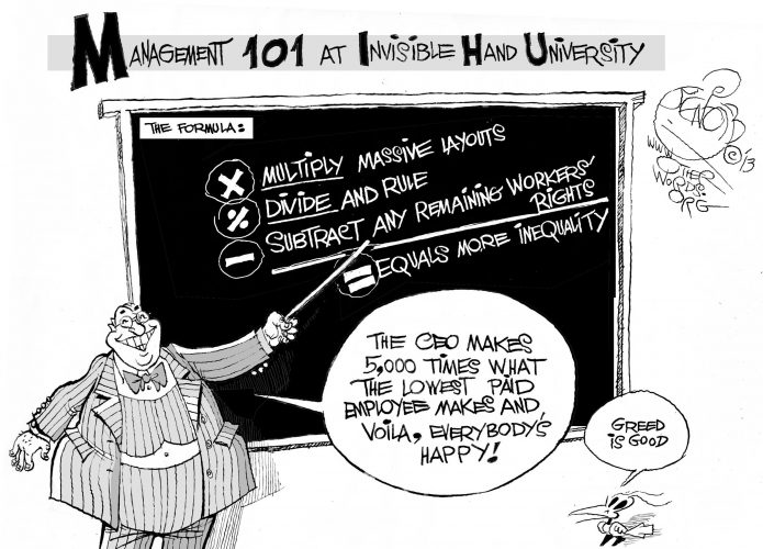 Invisible Hand University, an OtherWords cartoon by Khalil Bendib