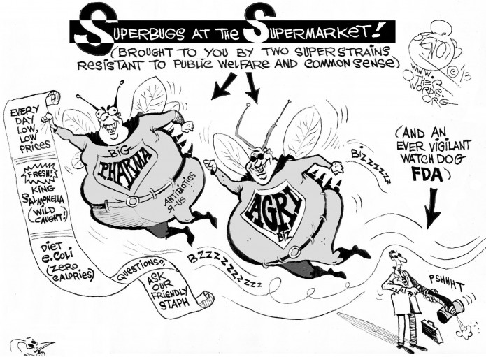 Superbugs at the Supermarket, an OtherWords cartoon by Khalil Bendib