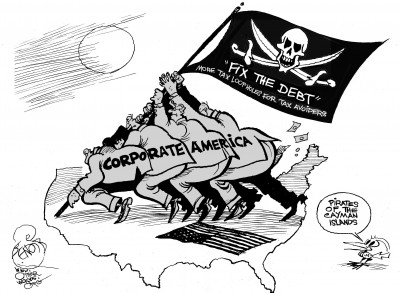 Pirates of the Cayman Islands, an OtherWords cartoon by Khalil Bendib