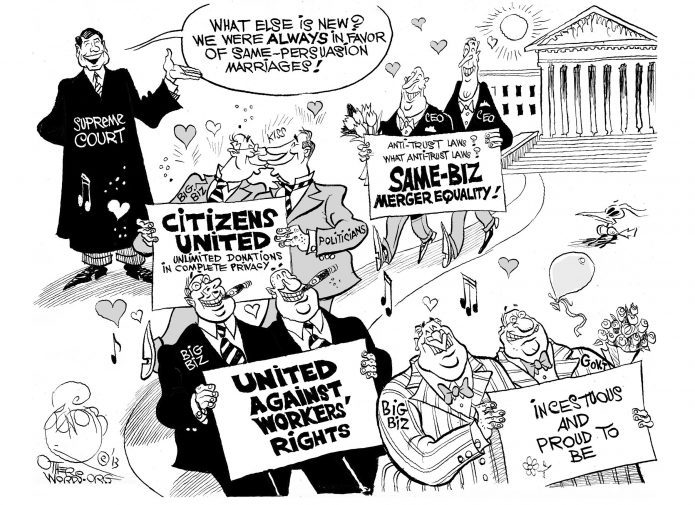Merger Equality at the Supreme Court, an OtherWords cartoon by Khalil Bendib