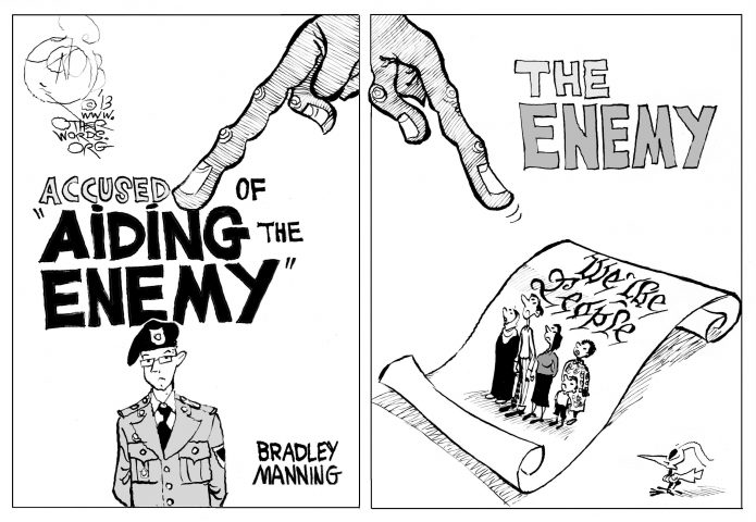 Aiding the Enemy, an OtherWords cartoon by Khalil Bendib