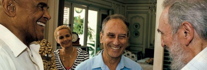 Saul Landau (center) with Harry Belafonte, Shari Belafonte, and Fidel Castro