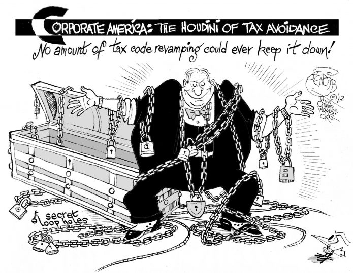 Tax Houdini, an OtherWords cartoon by Khalil Bendib