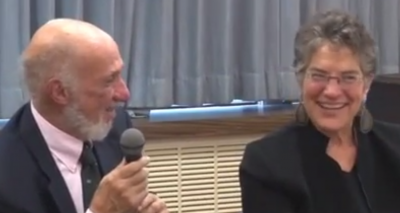 Phyllis Bennis with Richard Falk, UN Special Rapporteur on Human Rights in the occupied territory, speaking at the Church Center for the United Nations when Richard presented his most recent report to the General Assembly.
