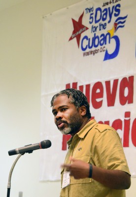 Netfa Freeman, IPS Events Coordinator, speaking at Cuban 5 event.