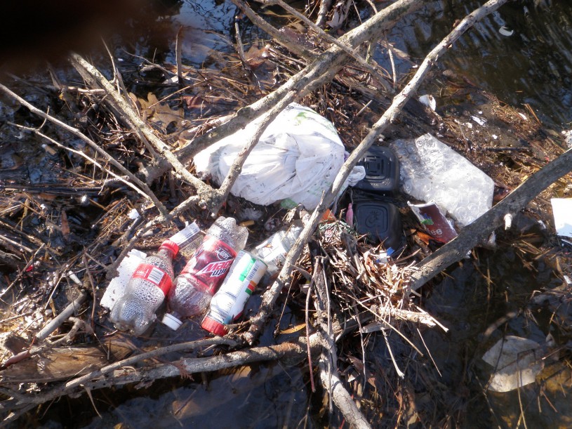 Pollution and trash in a river