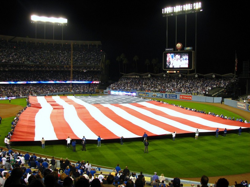 American flag on baseball field