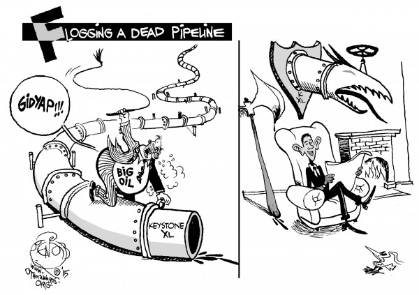 How a Pipeline Becomes a Trophy, an OtherWords cartoon by Khalil Bendib