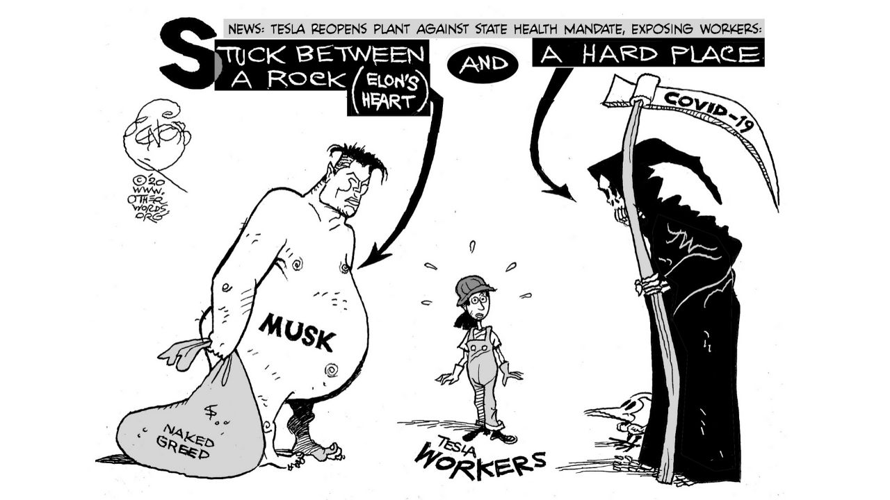 elon musk and tesla worker cartoon