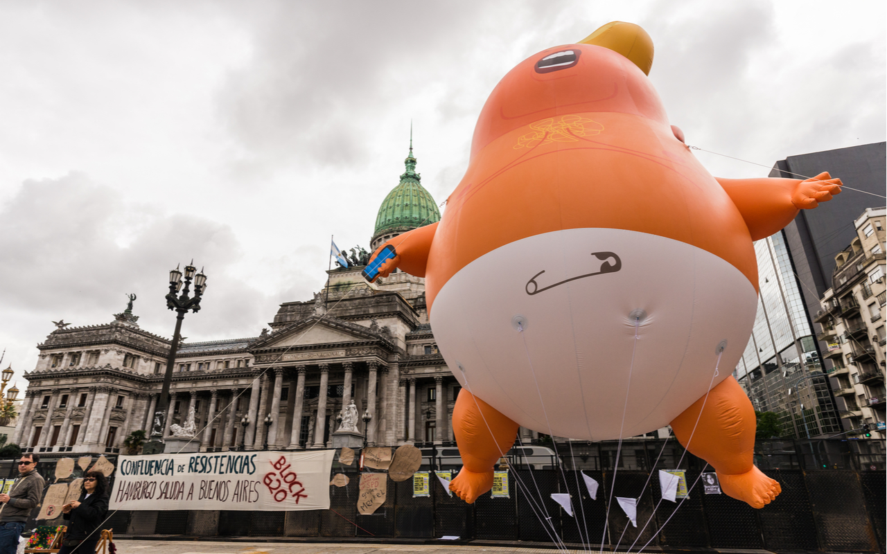 Demonstrators launch the “Baby Trump” balloon outside the G20 in Buenos Aires, Argentina
