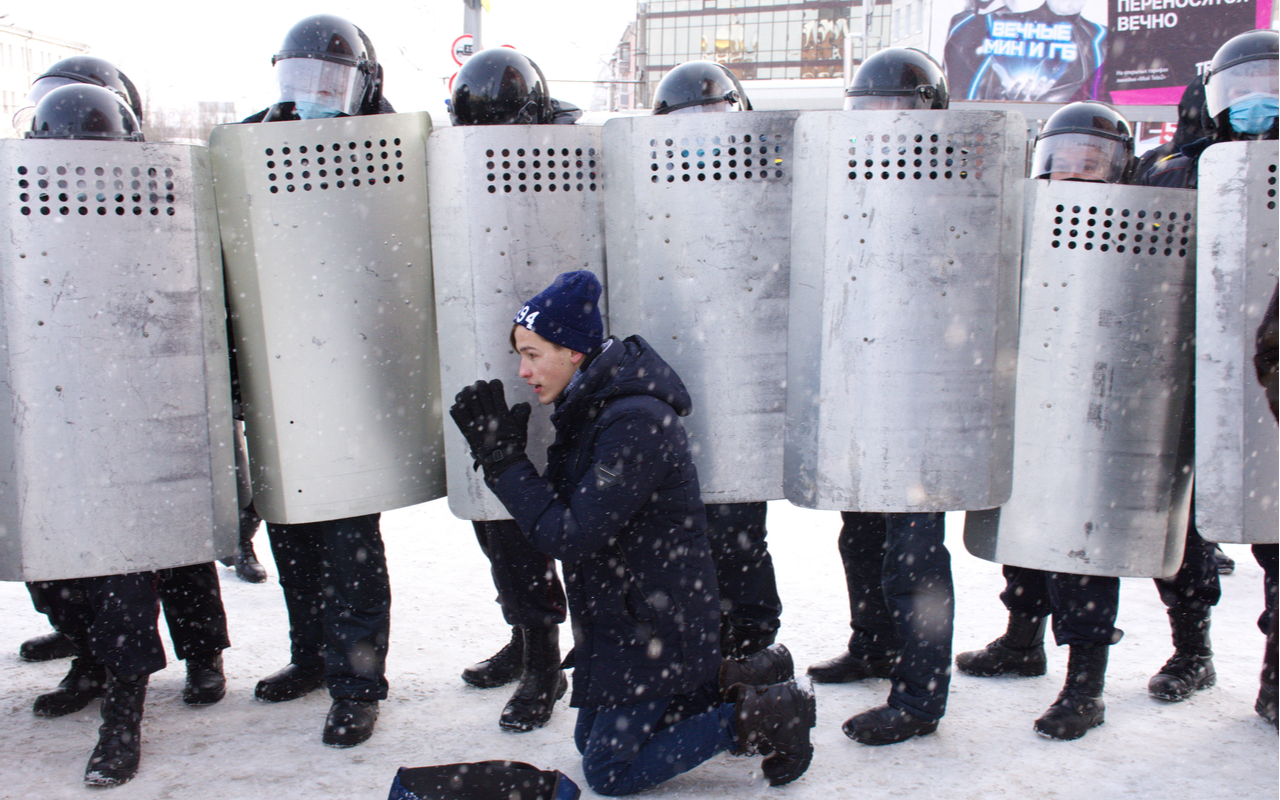 Protest in Barnaul, Russia on January 23, 2021 in support of opposition politician Alexei Navalny