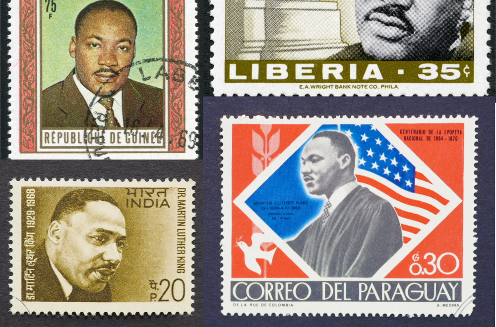 A small sampling of international stamps commemorating Martin Luther King, Jr.