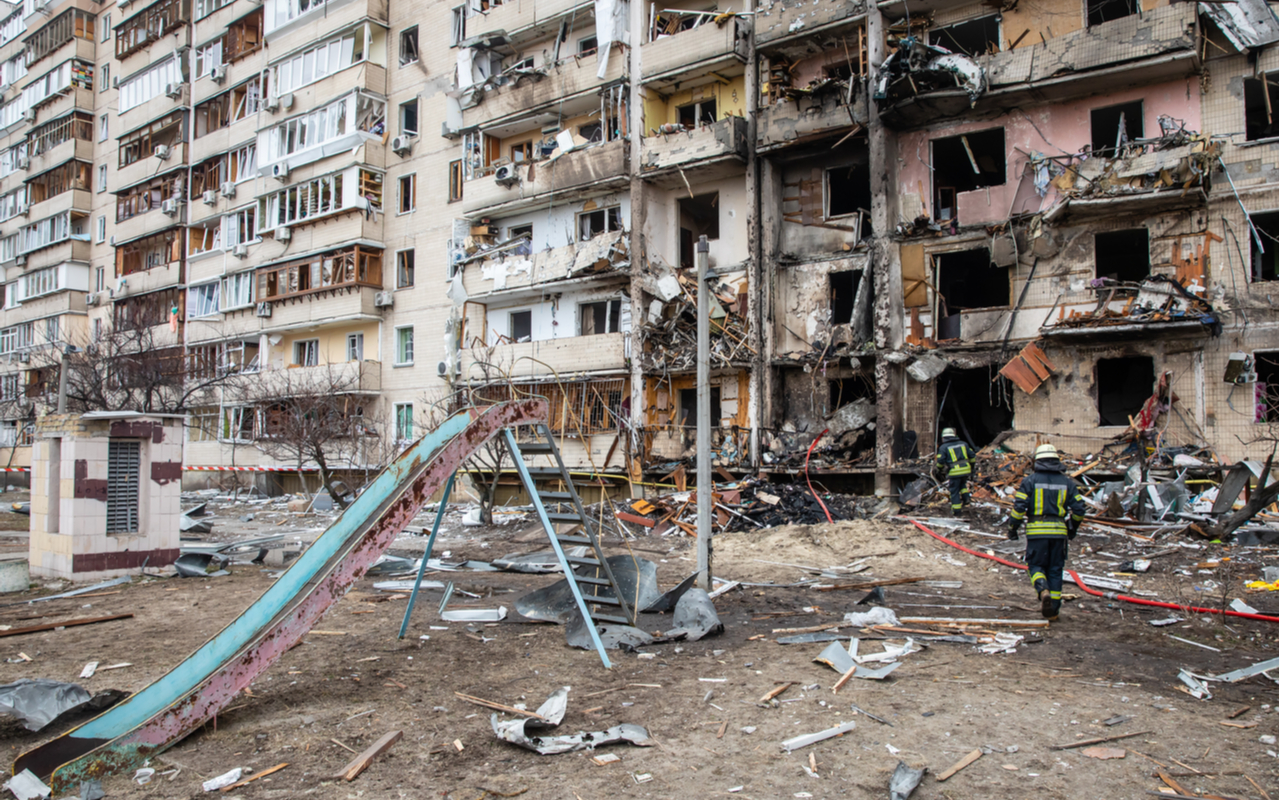 A residential building damaged by an enemy aircraft in the Ukrainian capital Kyiv