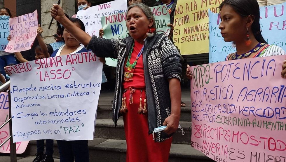 President of the Pueblo Shuar Arutam of Ecuador, Josefina Tunki, during a protest along with other Shuar women.