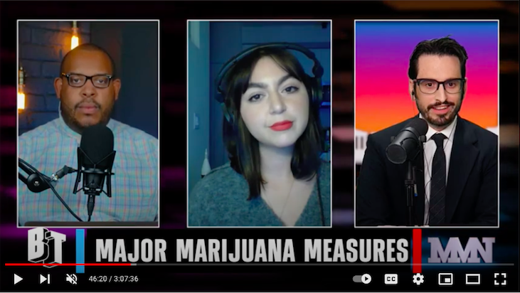 A photo of three different people speaking with microphones with a MeansTV chyron in front that reads "Major Marijuana Measures."