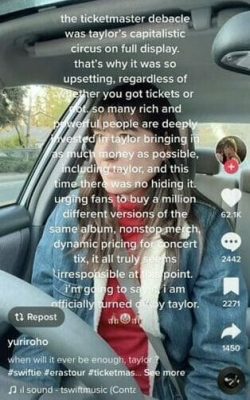 Tiktoker in car with overlaid text critiquing the recent ticket purchasing debacle by Taylor Swift and her team