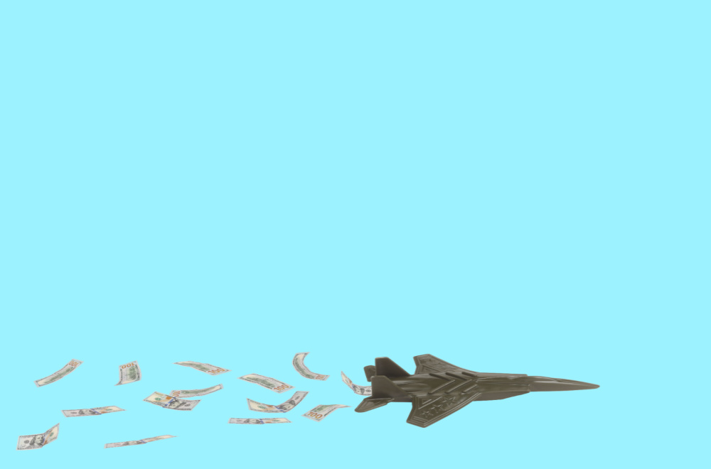 Cartoon image of a jet flying in a blue sky with bills of money trailing behind it.