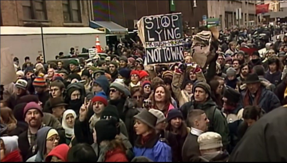 Antiwar demonstrators protest against the looming Iraq War in New York, February 15, 2003. (Still from Amir Amirani's "We Are Many," used with permission.)