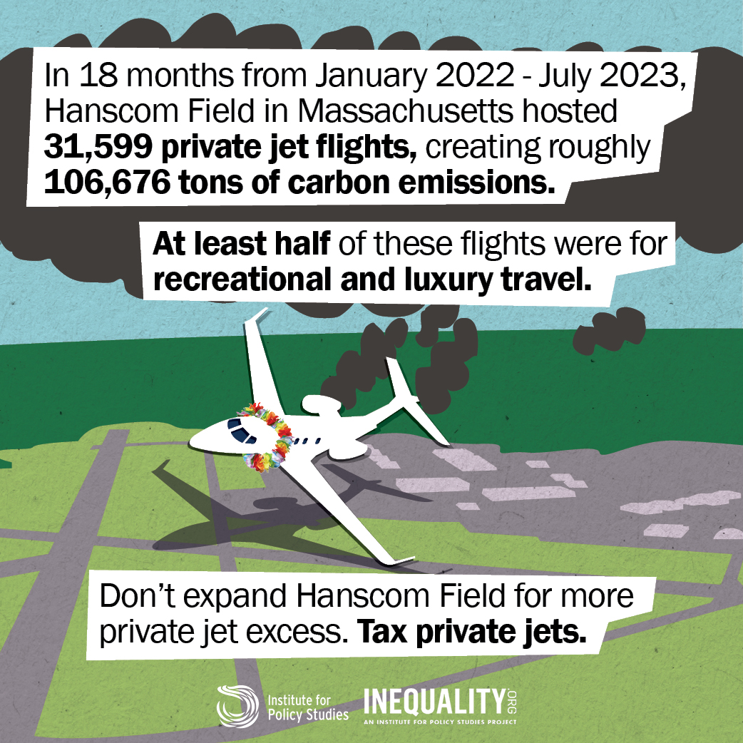 Graphic of polluting jets, with text reading, "In 18 months from January 2022 - July 2023, Hanscom Field in Massachusetts hosted 31,599 private jet flights, creating roughly 106,676 tons of carbon emissions. At least half of these flights were for recreational and luxury travel. Don't expand Hanscom Field for private jet excess. Tax private jets."
