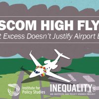 An image of the cover of this report, where an illustrated plane gives off exhaust. In the exhaust fumes reads "Hanscom High Flyers: Private Jet Excess doesn't Justify Expansion"