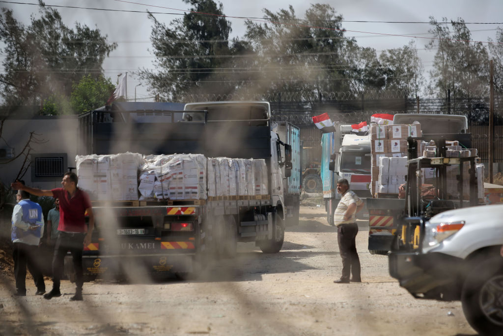 Humanitarian aid enters through Rafah, Gaza on October 23, 2023. (Getty)
